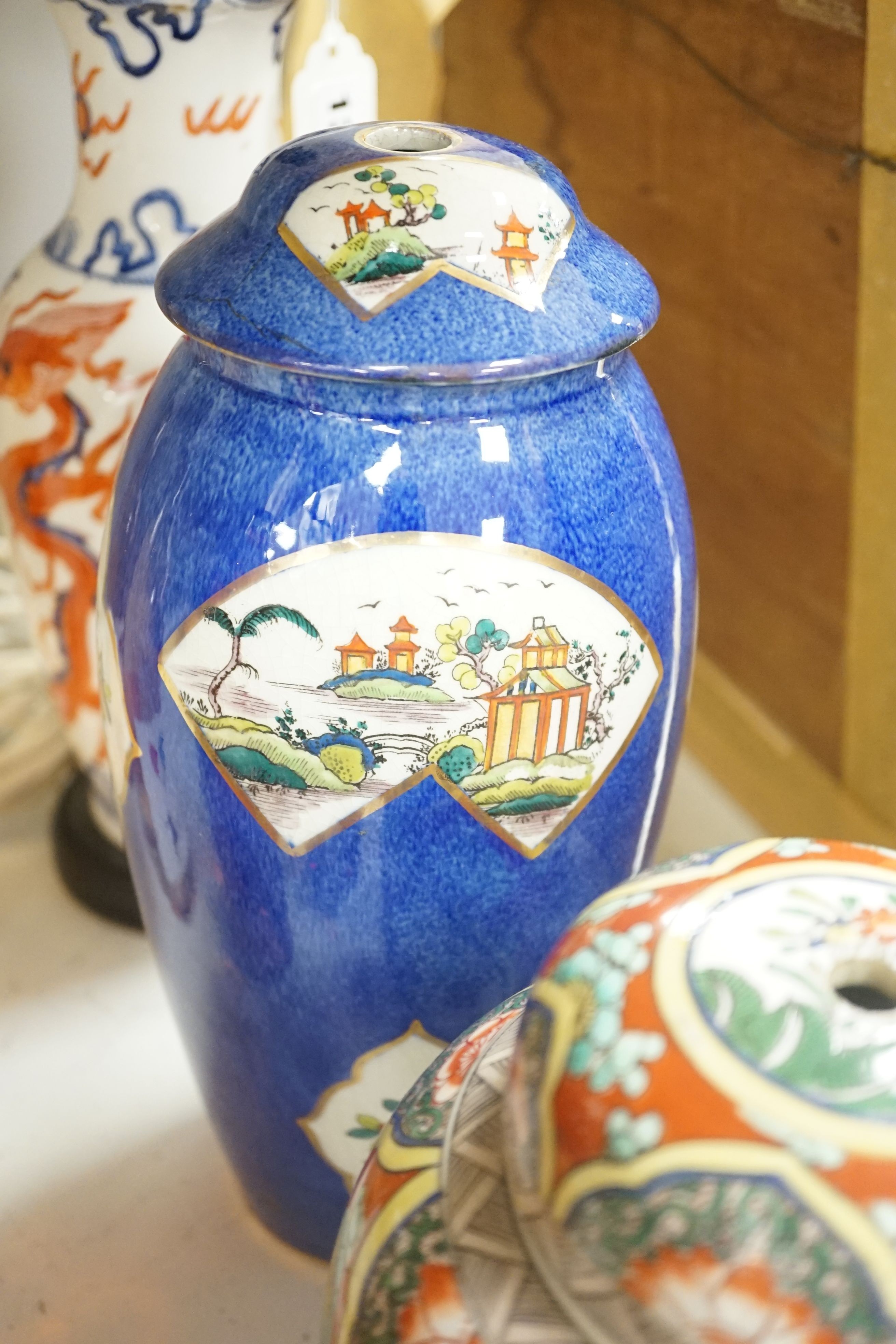 A group of Chinese famille rose jars, Paris porcelain lamps etc - tallest 34.5cm